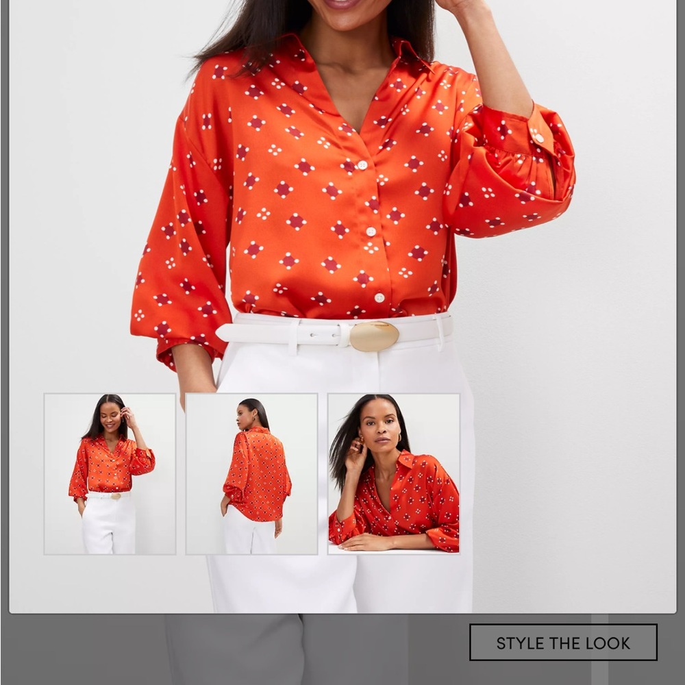 Ann Taylor Vibrant Orange Blouse with White Floral Accents